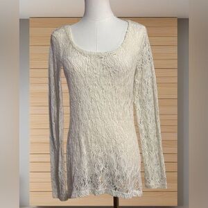 Cream Lace Tunic Top Sheer Long Sleeve Romantic Boho Cottagecore Ethereal Large